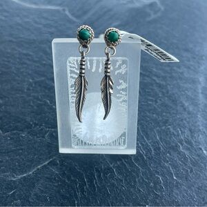 Sterling Silver 925 Feather Earrings with Malachite Accents